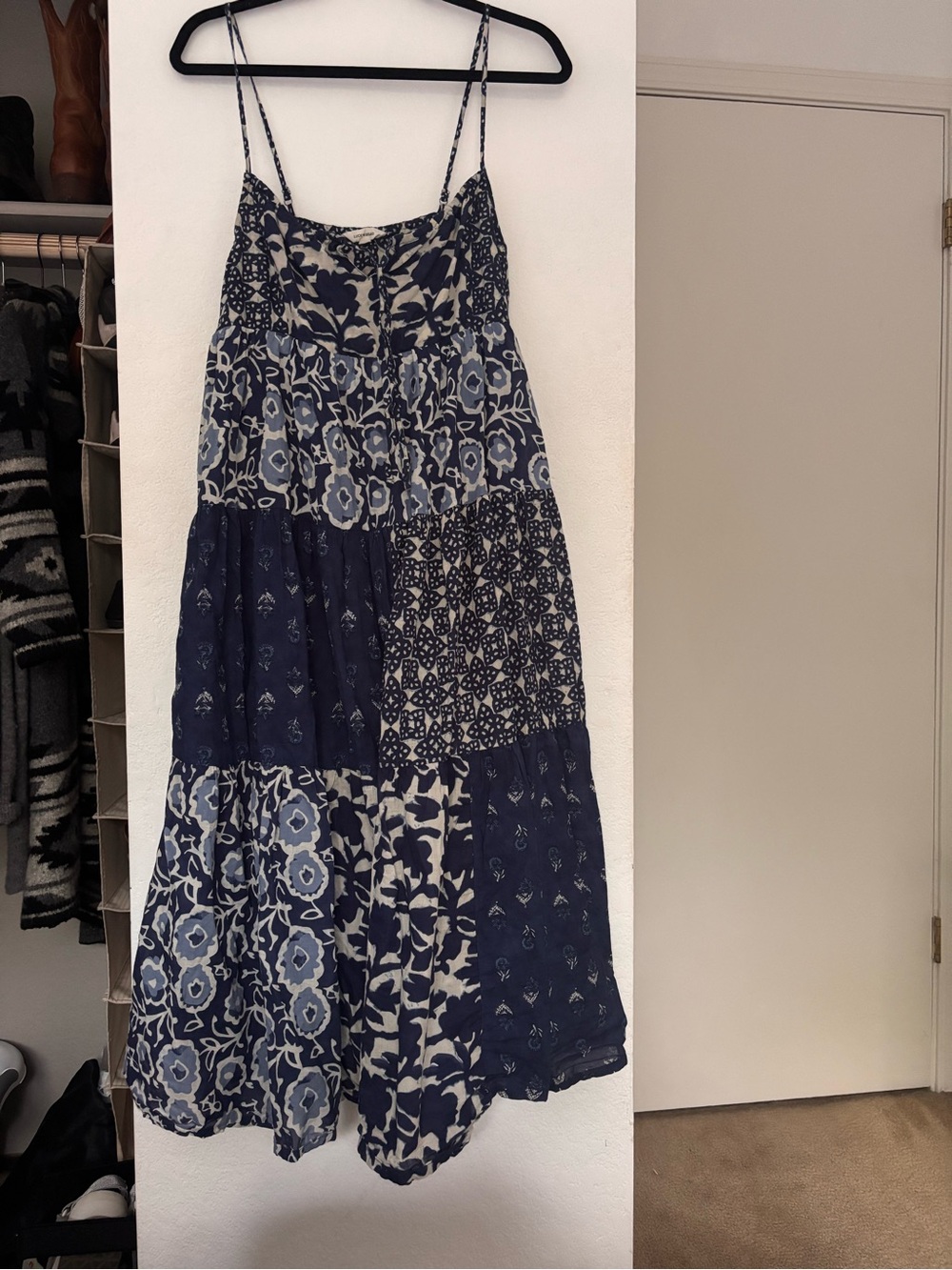 Lucky Brand 🍀 Patchwork Navy Floral Midi Sundress with Spaghetti Straps